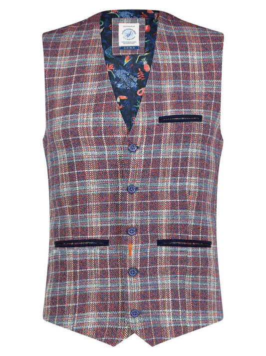 A Fish Named Fred Linen Check Waistcoat Coral/Navy