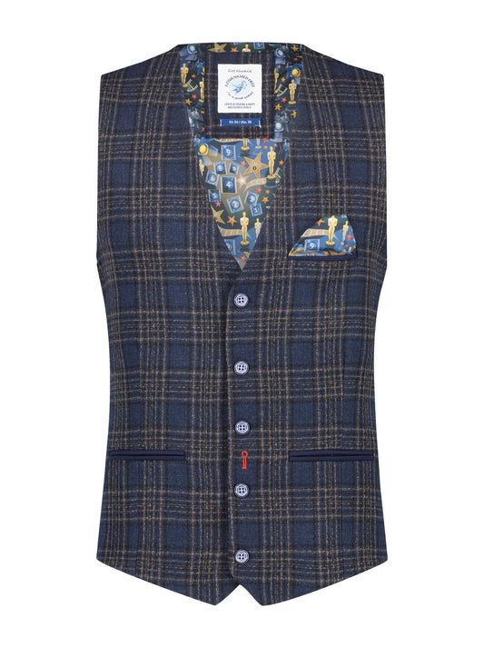A Fish Named Fred Structure Check Waistcoat Navy