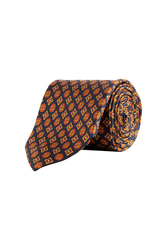 Cantini Tulipano Silk Geo Pattern Tie Orange/Navy