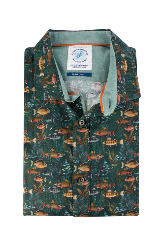 A Fish Named Fred Fish Coral Shirt Dark Green