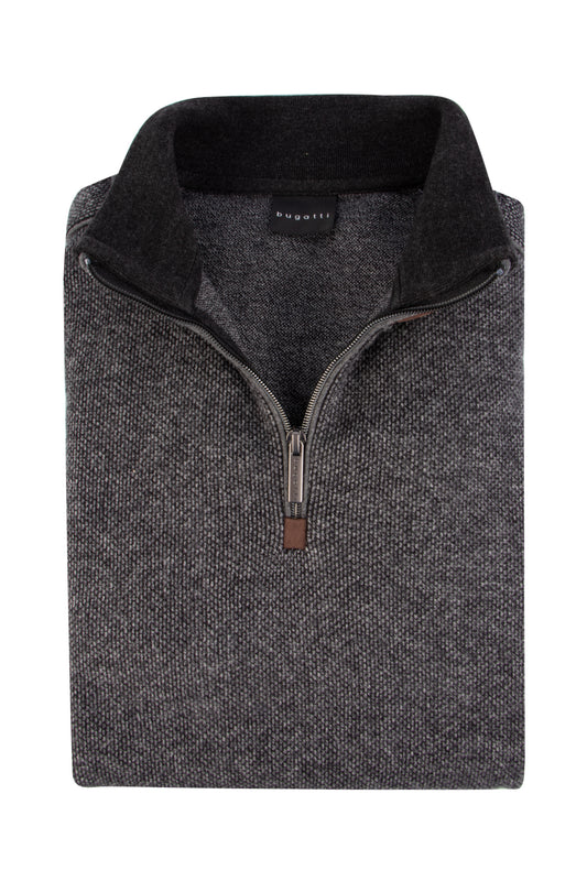 Bugatti Leather Detail 1/4 Zip Knit Grey