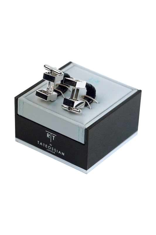 Tateossian Rhodium Black Leather Cufflinks