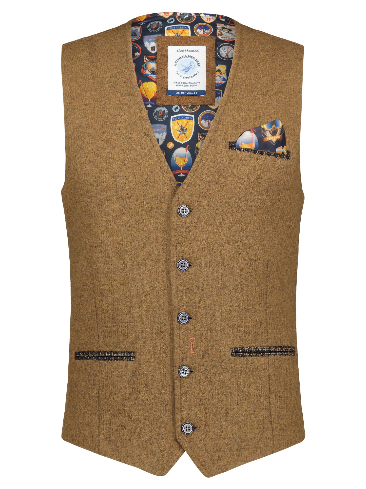 A Fish Named Fred Check Waistcoat Camel