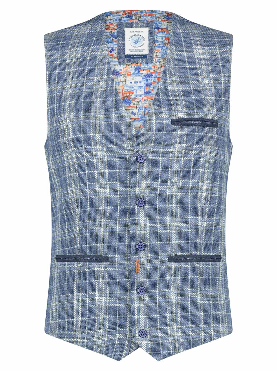 A Fish Named Fred Linen Check Waistcoat Lt Blue