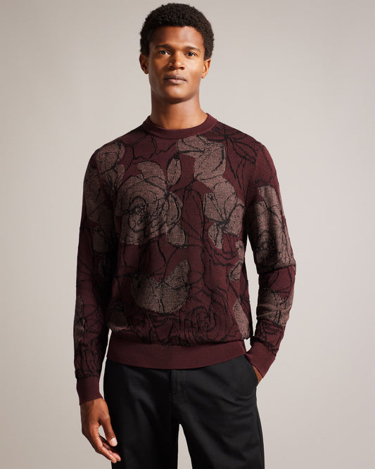 Ted Baker Simpso LS Textured Jacquard Crew Neck Maroon