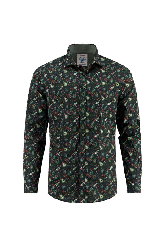 A Fish Named Fred Various Guitars LS Shirt Dark Green