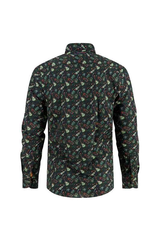 A Fish Named Fred Various Guitars LS Shirt Dark Green