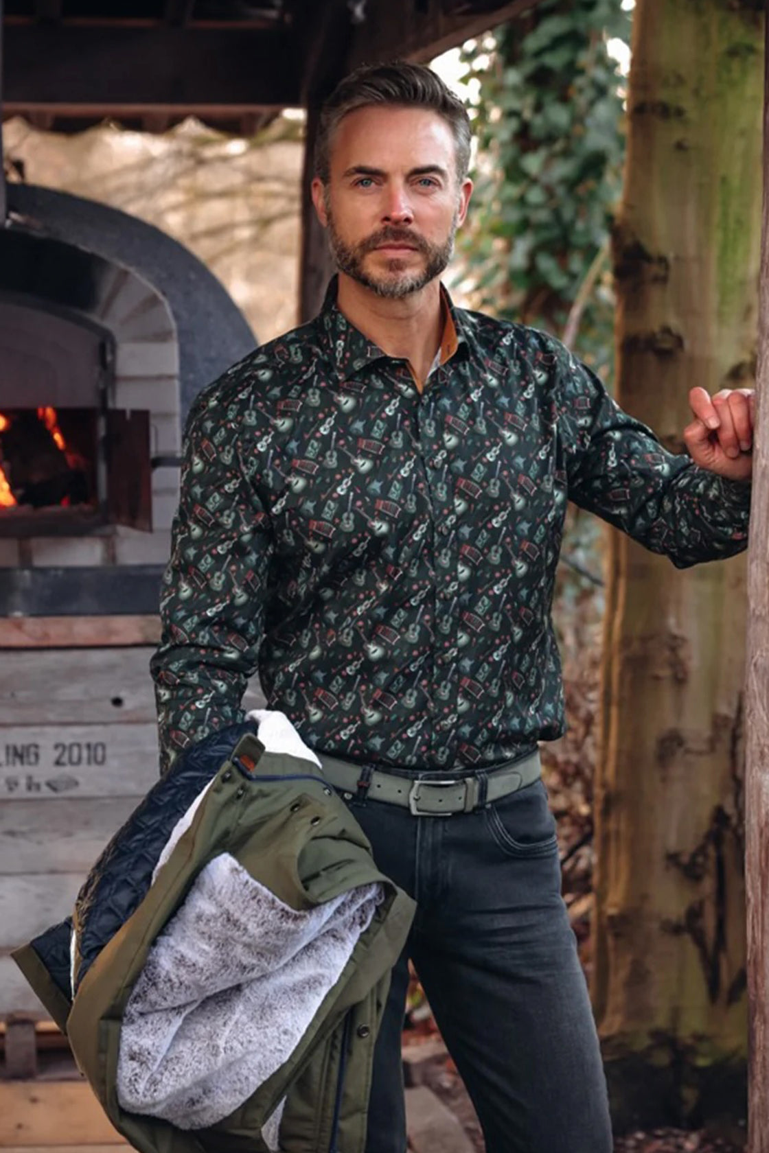 A Fish Named Fred Various Guitars LS Shirt Dark Green