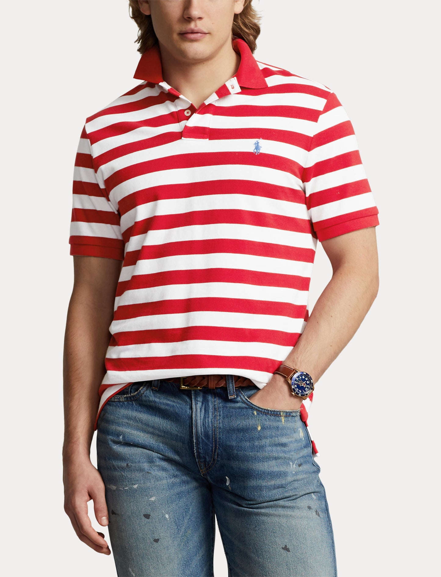 Polo Ralph Lauren Slim Fit Strp Mesh Polo Red/White