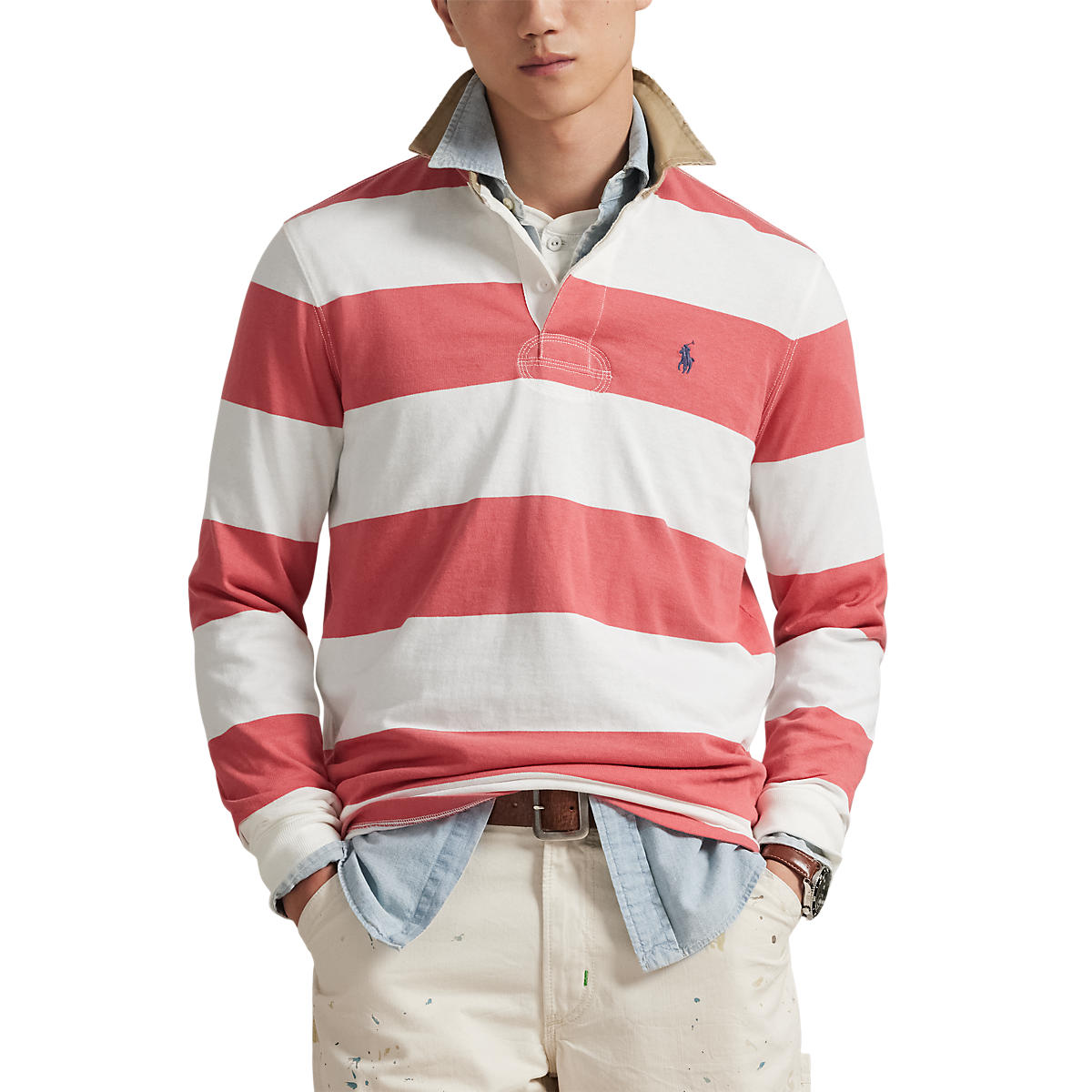 Polo Ralph Lauren Classic Fit Khaki-Collar Rugby Shirt Red Sky/Trophy Cream