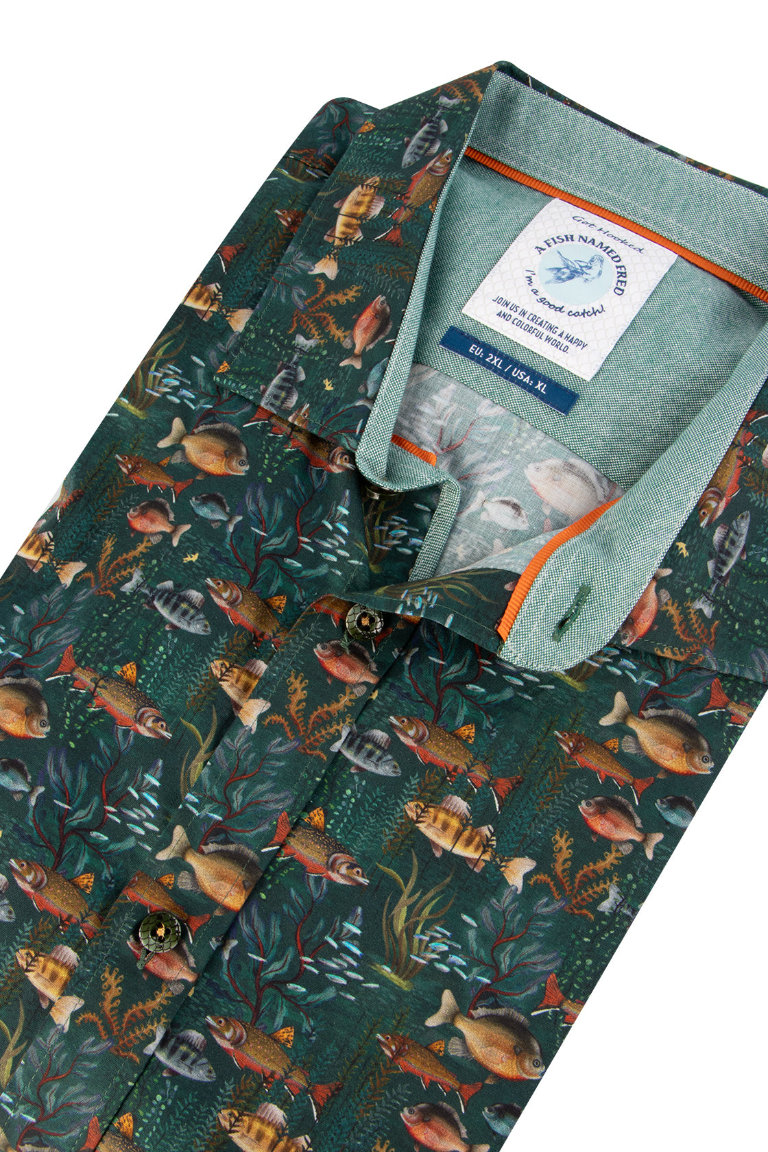 A Fish Named Fred Fish Coral Shirt Dark Green
