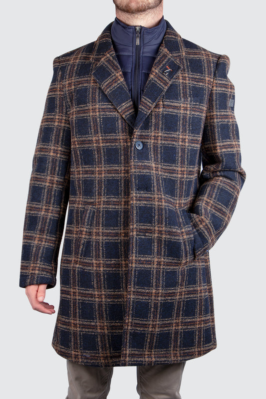 A Fish Named Fred Check Overcoat Navy/Brn