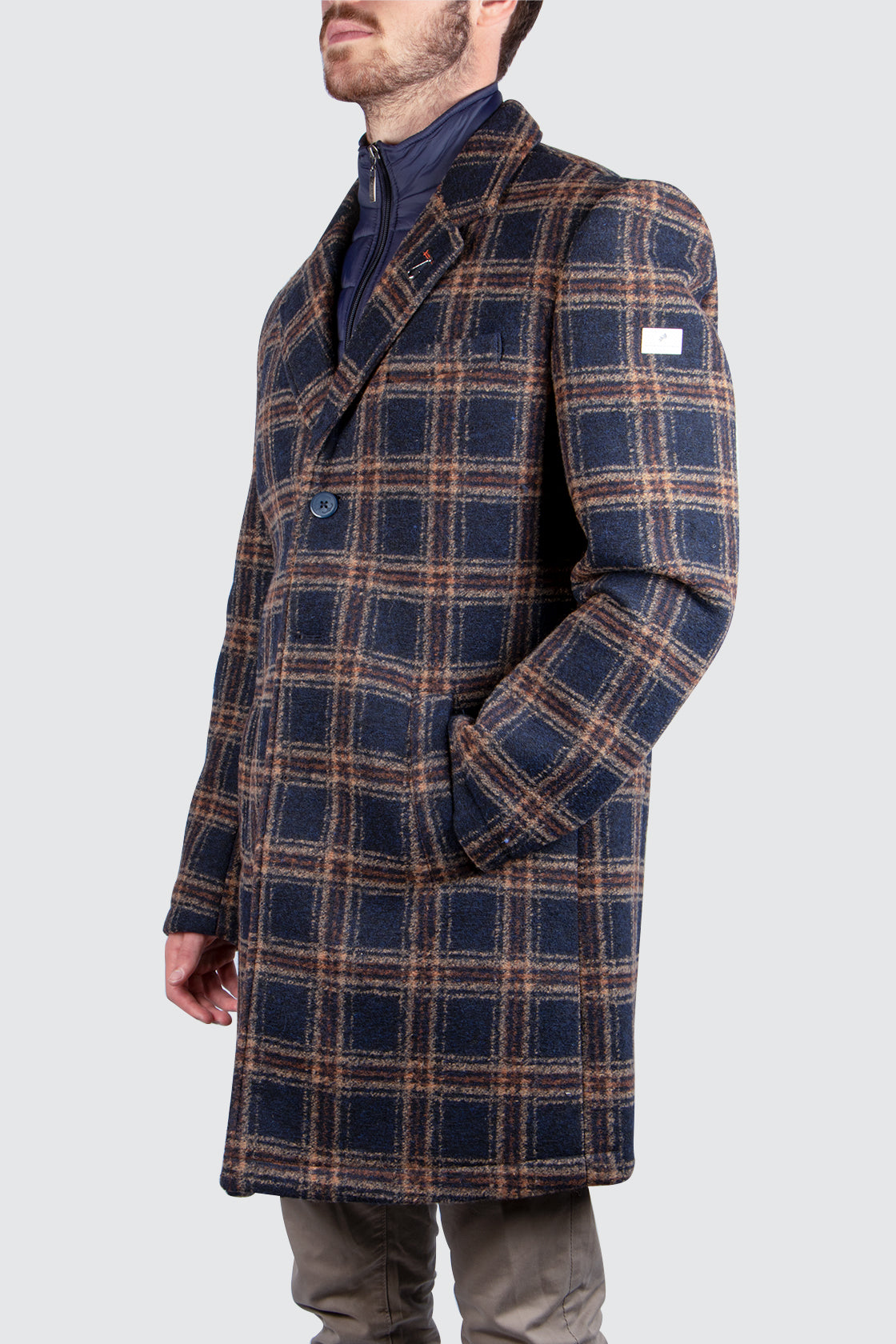 A Fish Named Fred Check Overcoat Navy/Brn