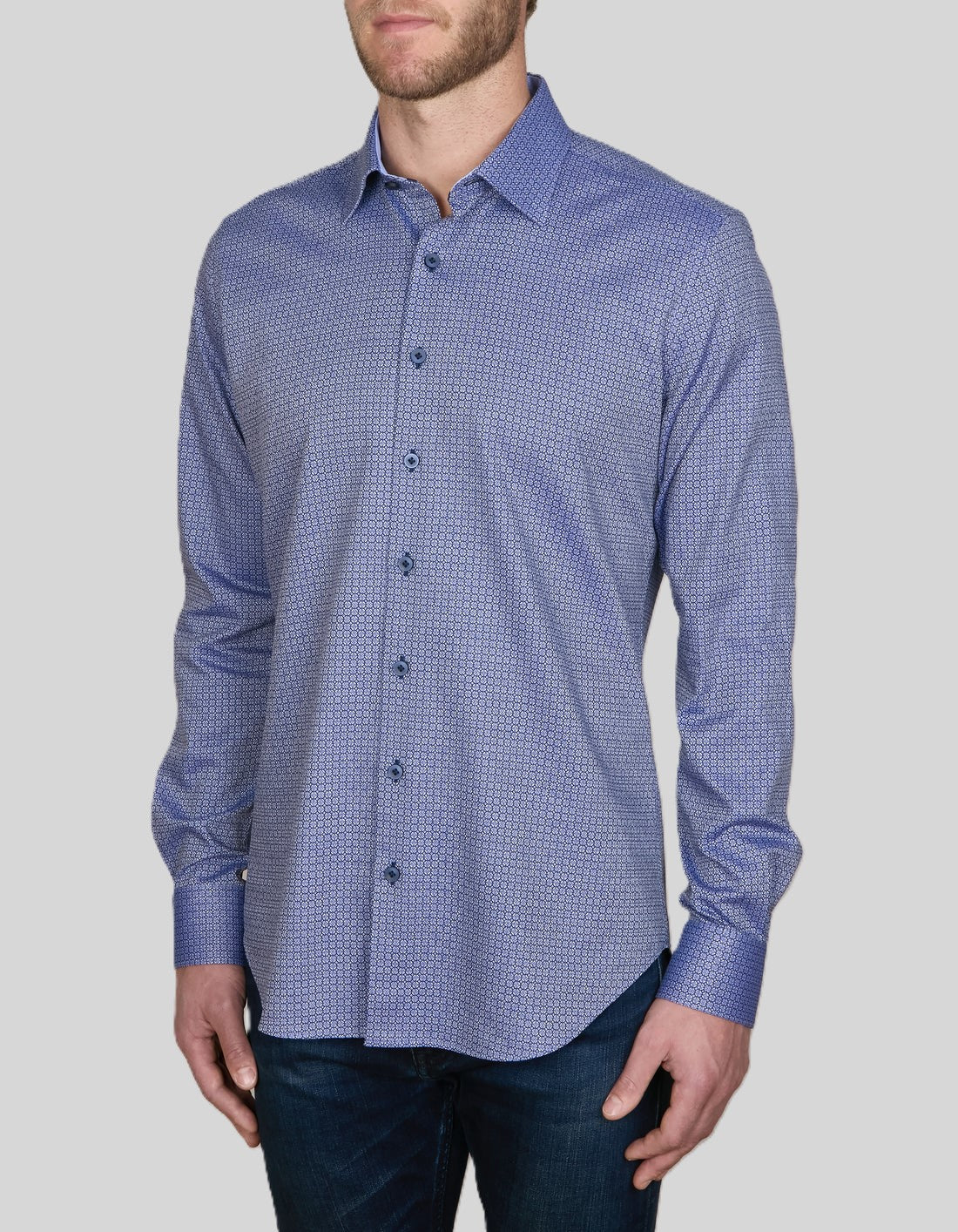 Abelard Circle-Work Hbone Print SC Slim Fit Shirt Blue