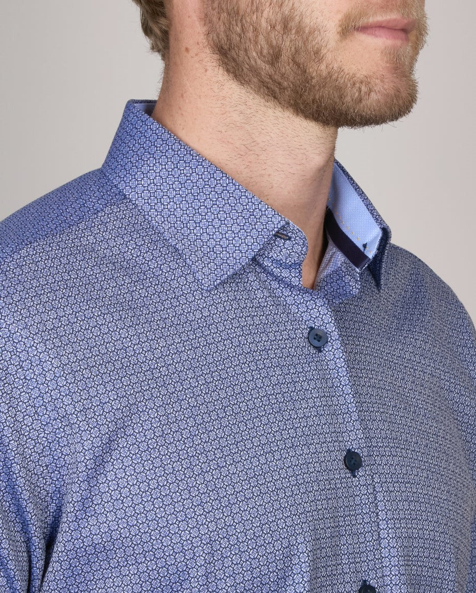 Abelard Circle-Work Hbone Print SC Slim Fit Shirt Blue