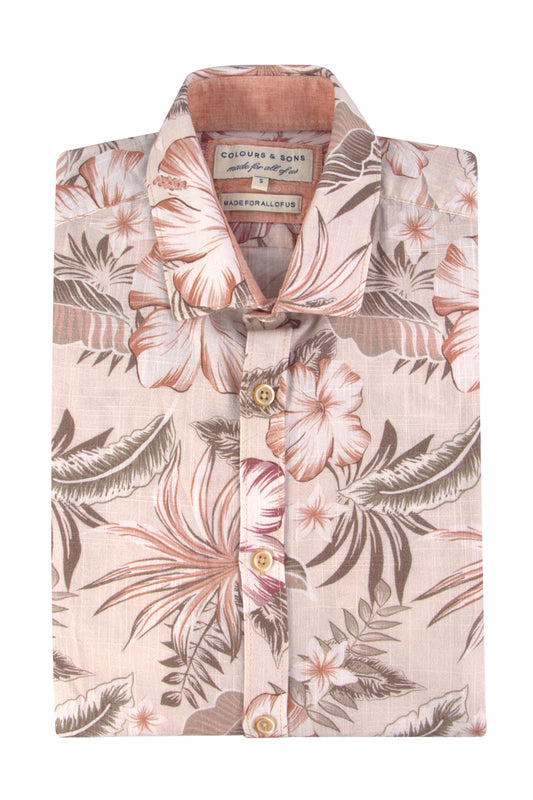 Colours & Sons Floral LS Casual Shirt Peach/Brn