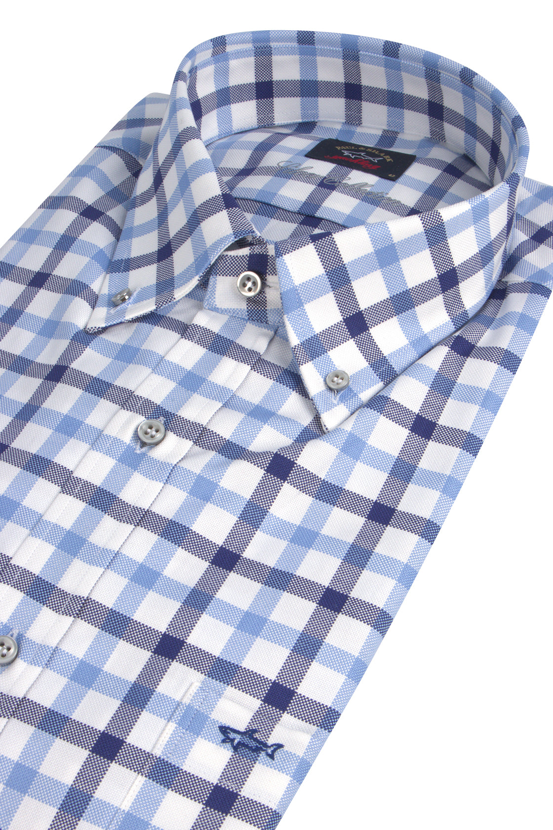 Paul & Shark Silver Oxford Cotton LS Shirt Blue Check