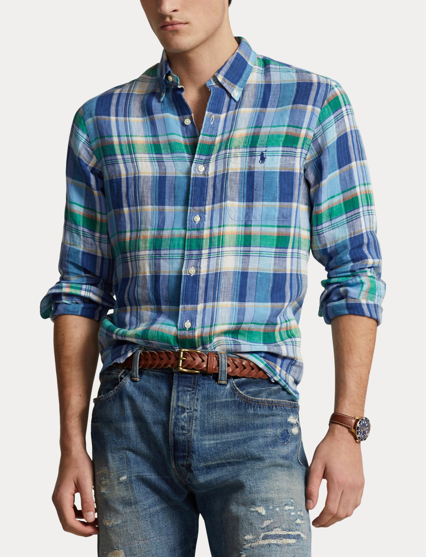 Polo Ralph Lauren Custom Plaid Linen Shirt Blue/Green