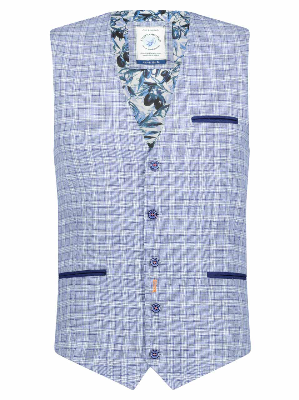 A Fish Named Fred Linen Waistcoat Blue Check